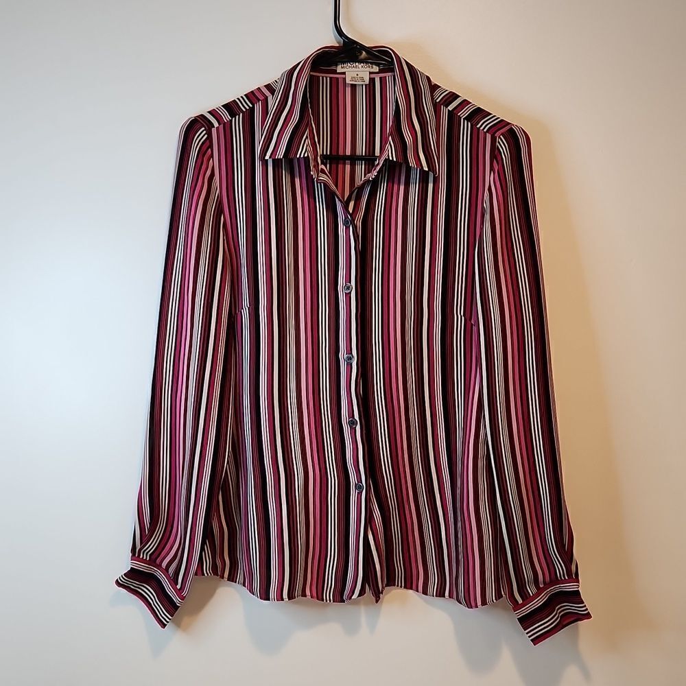 Michael Kors 100% Silk Long Sleeve Multicolor Striped Button Up Shirt Women's 8
